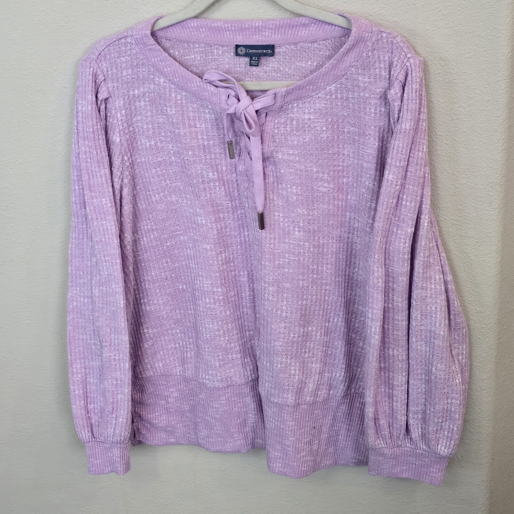 Democracy Lavender Purple Waffle Knit Pullover Sweater Top Drawstring  Womens XL - Picture 14 of 16